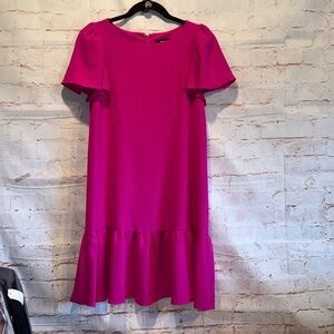 DKNY Dress Women 6 Pink Flutter Detail Trapeze Ruffle Crewneck Midi Short Sleeve